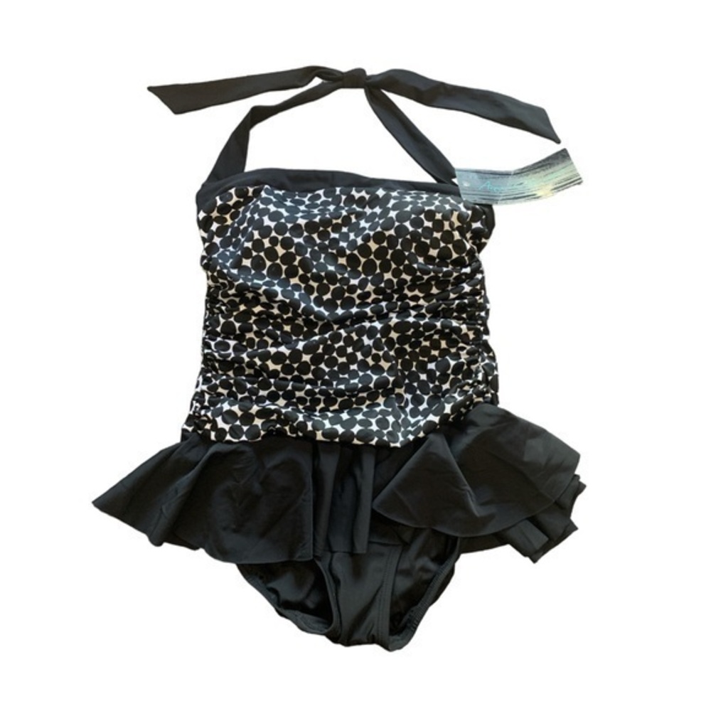 Halter Black White Tie Back Aqua Green Swimsuit Size Small NWT #6986